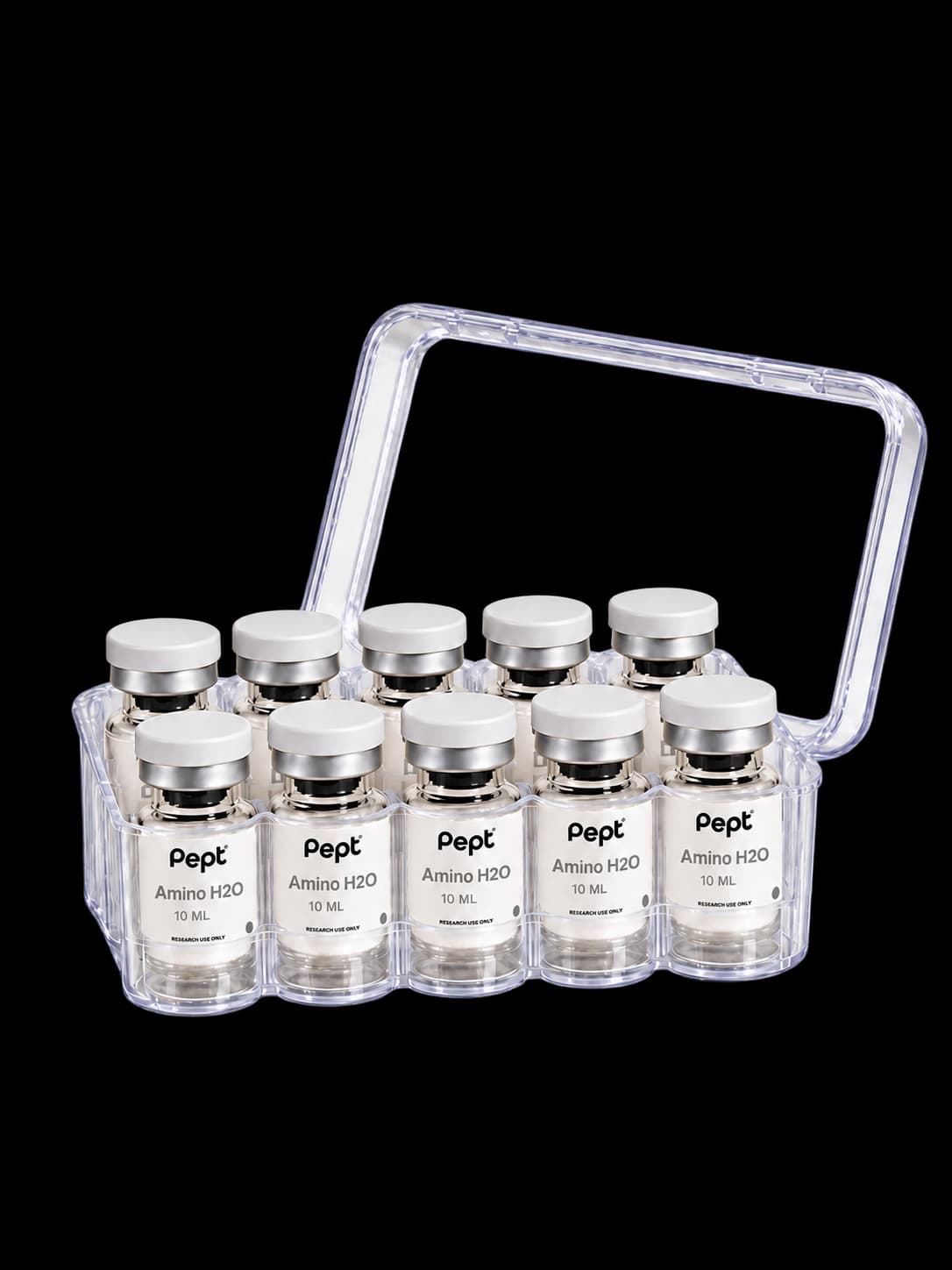 Representative labeled kit: 10 vials of the same Amino H2O research-use-only reagent, 10 ML per vial, in a clear storage case