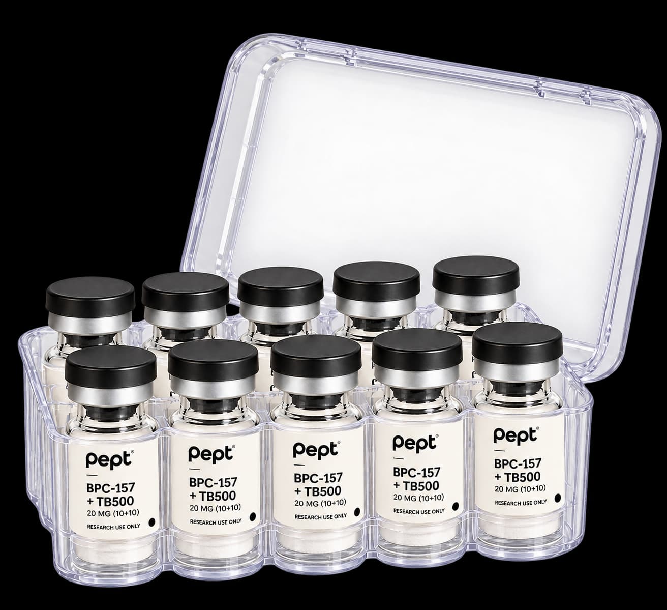 Representative labeled kit: 10 vials of the same BPC-157 + TB500 research-use-only blend, 20 MG (10+10) per vial, in a clear storage case