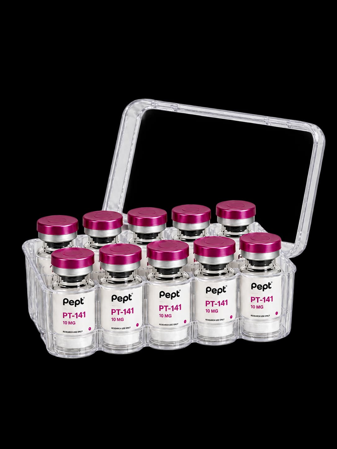 Representative labeled kit: 10 vials of the same Pept MC research-use-only compound, 10 MG per vial, in a clear storage case