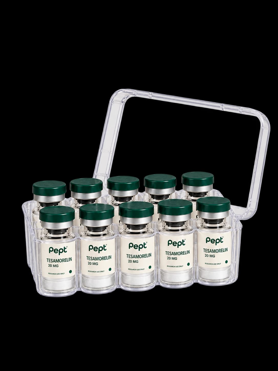 Representative labeled kit: 10 vials of the same PR-Tesamor research-use-only compound, 20 MG per vial, in a clear storage case