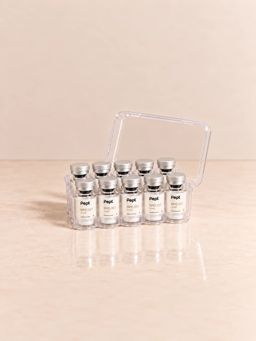 Full Pept BPC-157 research kit with ten vials in an open clear case