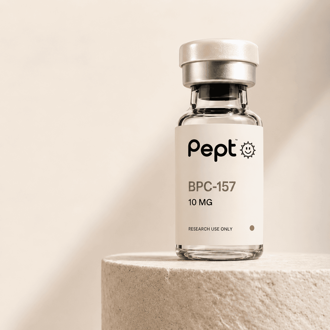 Pept BPC-157 research vial on a limestone pedestal