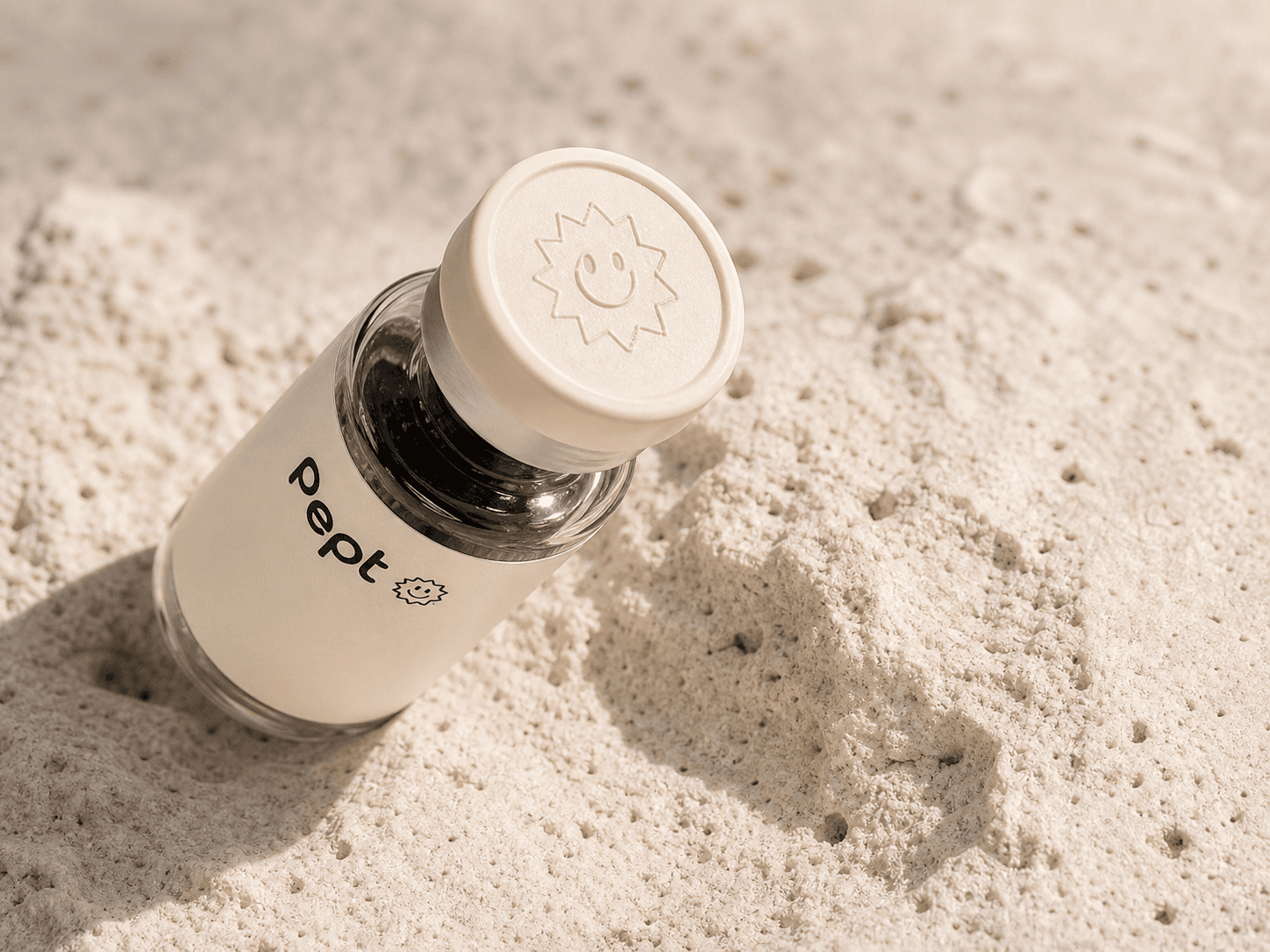 Close view of a Pept research vial on natural limestone